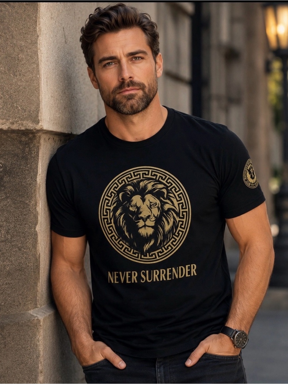 Men's Black Short Sleeve Tee with Gold Lion Emblem